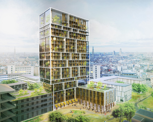 gridded residential tower in antwerp by C.F. møller and brut