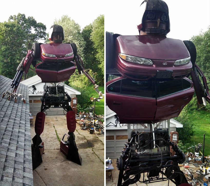 wisconsin man builds 23-foot-tall transformer from an oldsmobile alero