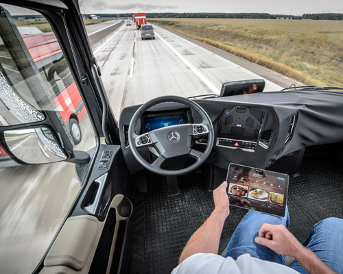 mercedes-benz autonomous truck of the future scans the road with radar and sensors
