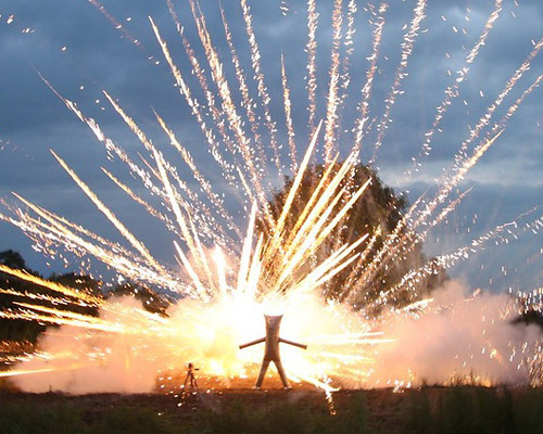 colin furze's inflatable steel suit withstands fireworks display