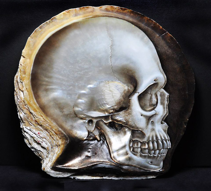 gregory raymond halili carves skulls into mother-of-pearl shells