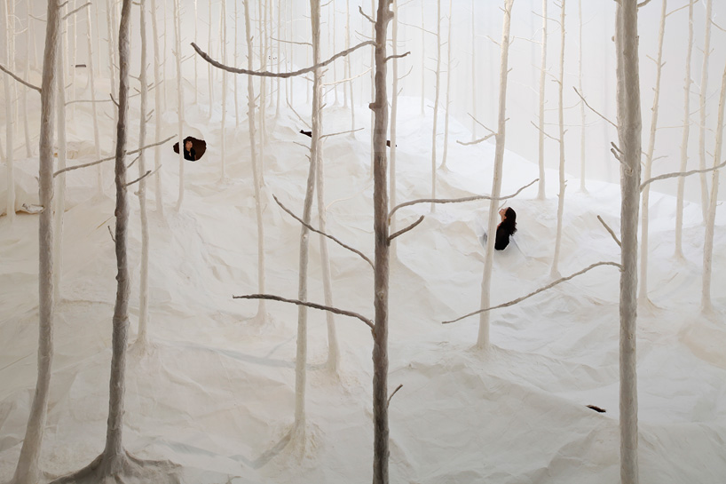 takashi kuribayashi installs paper forest at the sapporo art museum