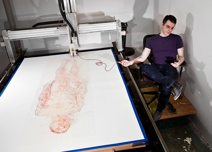 robotic blood printer draws ted lawson's nude self-portrait