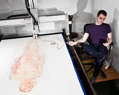robotic blood printer draws ted lawson's nude self-portrait