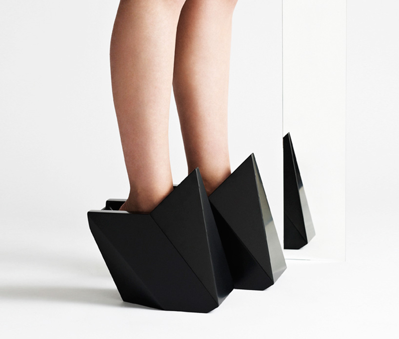 cat potter crafts geometric shoes from wood and corian