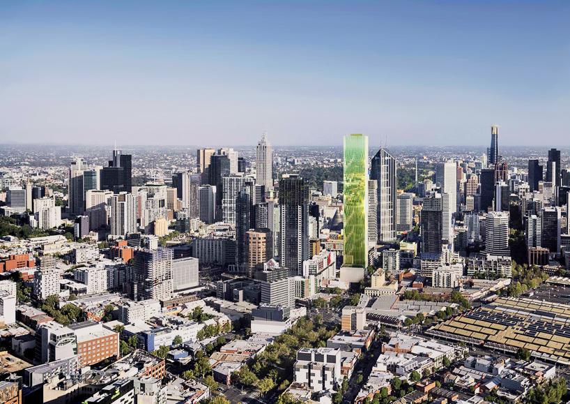 elenberg fraser clads melbourne's victoria one in louvered green glazing