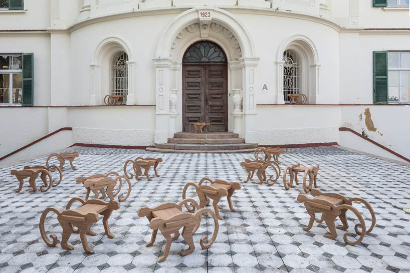 henrique steyer builds playful monkey stool and niño bookshelves
