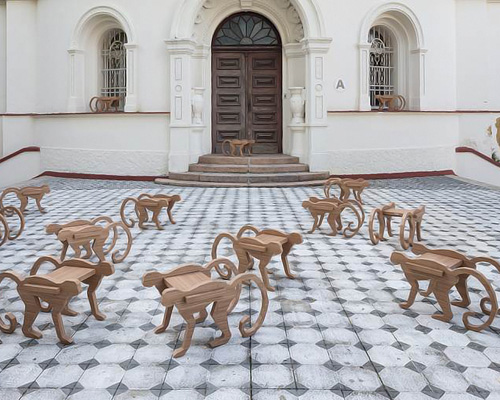 henrique steyer builds playful monkey stool and niño bookshelves