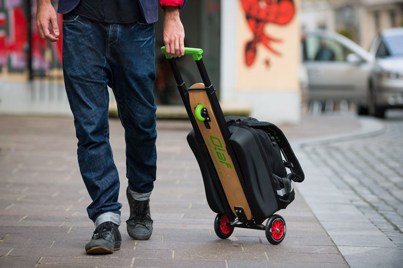 olaf folds from backpack to trolley, scooter and skateboard
