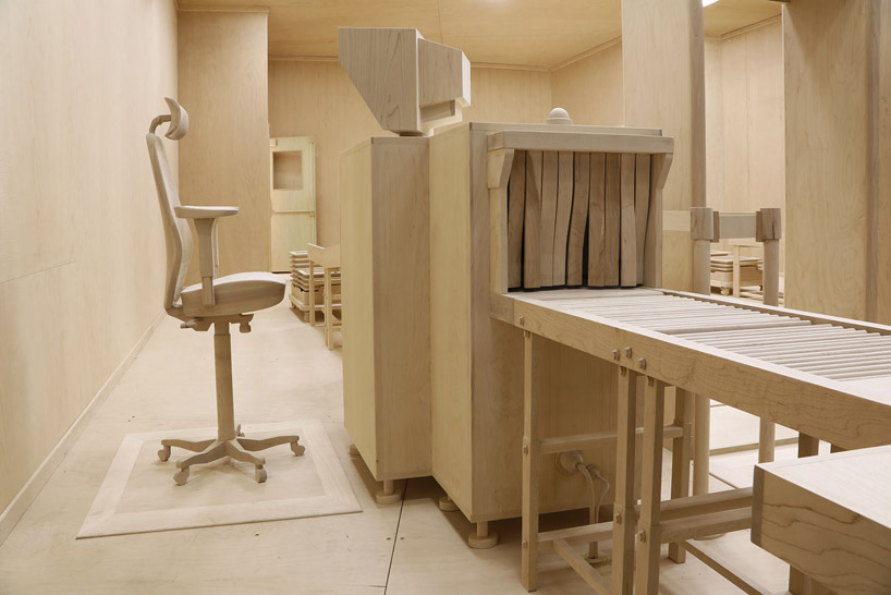 roxy paine carves life-sized airport security checkpoint from wood
