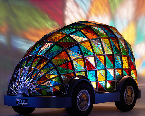 stained glass driverless sleeper car by dominic wilcox