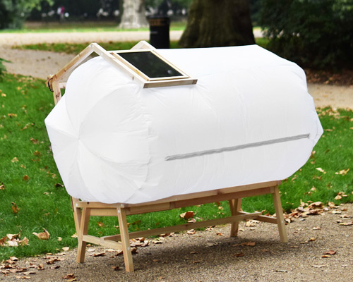 parkbench bubble is a shelter + solar powered charging station