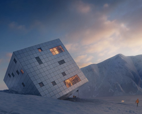 atelier 8000 tilts kezmarska hut on its corner in slovakian mountains