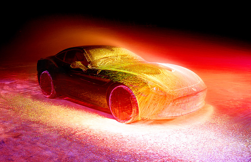 fabian oefner sprays ferrari california T with UV paint to envision speed