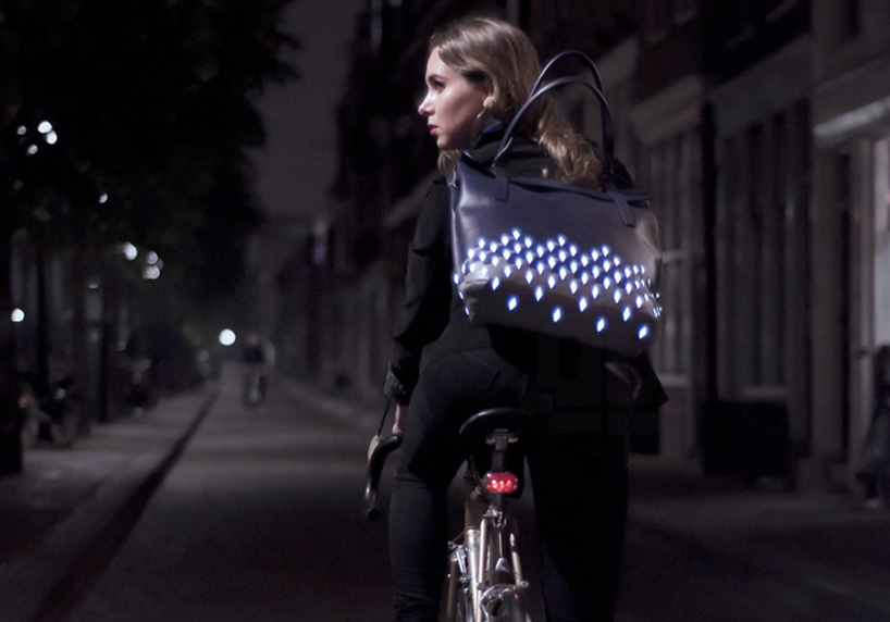 julie thissen weaves retro-reflective patterns into cyclist bags