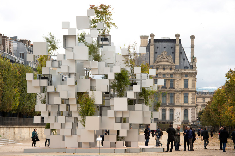 sou fujimoto adds greenery to layered cube installation in paris