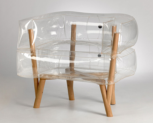 tehila guy inflates anda armchair of translucent and wooden parts
