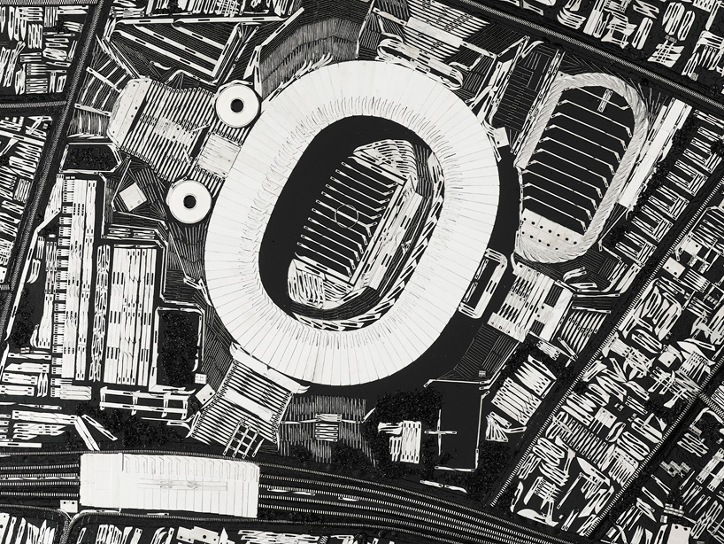 damien hirst composes black scalpel cityscapes from surgical tools