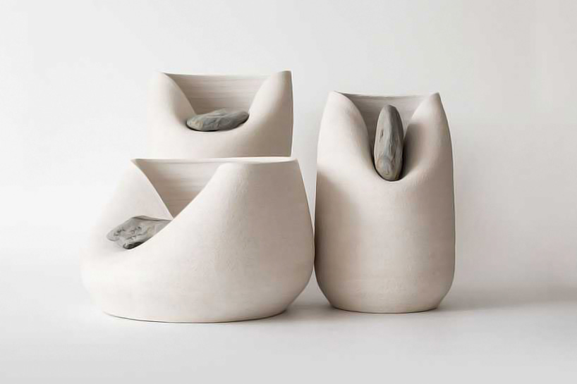 martín azúa warps ceramic vases with raw stones
