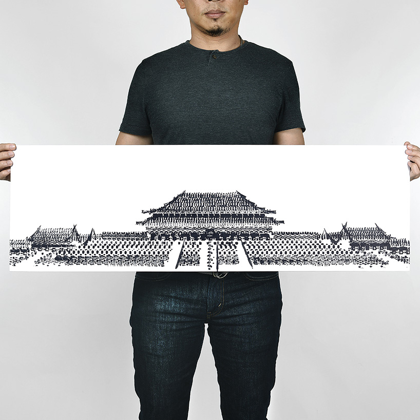 thomas yang prints architectural landmarks with bicycle tire tracks