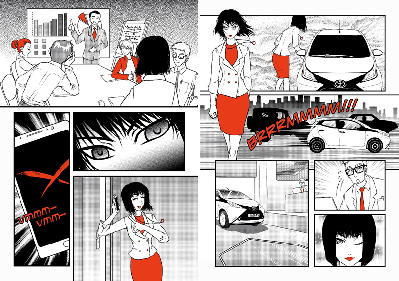 toyota aygo manga comic by sonia leong, saves city from dinosaur