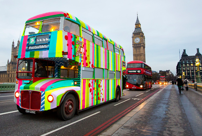 knitted double-decker bus takes to london streets for 7up campaign