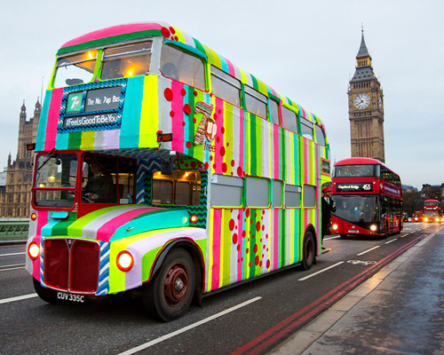 knitted double-decker bus takes to london streets for 7up campaign