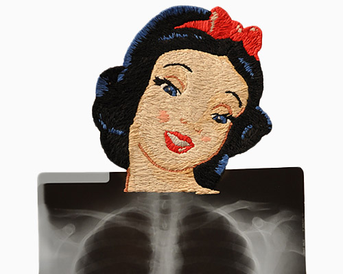 matthew cox embroiders pop culture icons onto skeletal x-ray sheets