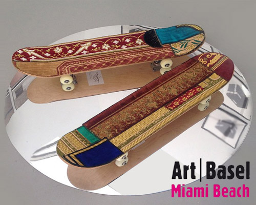 skateboards with prayer rugs by mounir fatmi at miami UNTITLED art fair