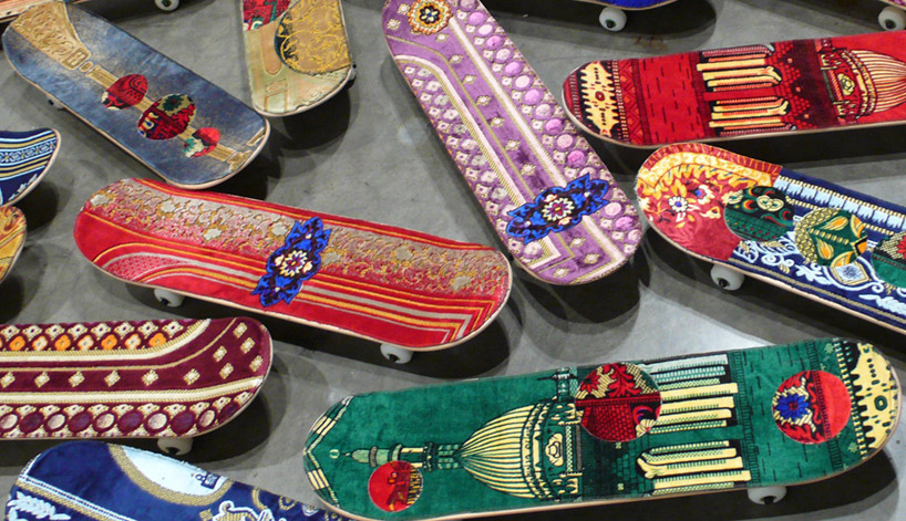 skateboards with prayer rugs by mounir fatmi at miami UNTITLED art fair