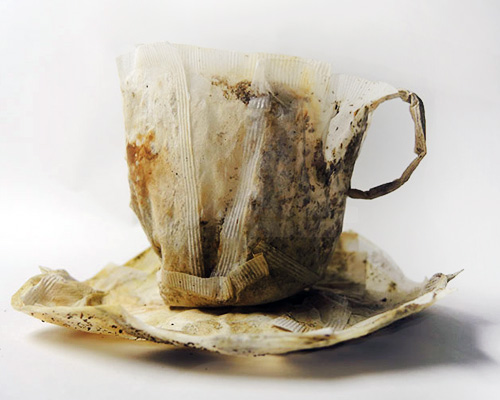 d. postlethwaite shapes mugs and bowls from tea bags