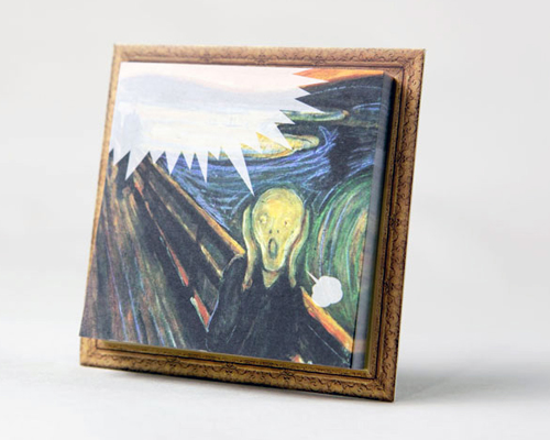 threem sticky notes use famous paintings to convey messages