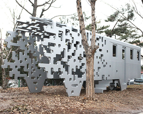 yong ju lee pixelates melting train for dispersion sculpture