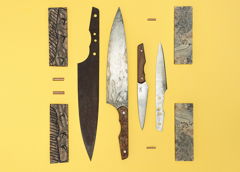 ben edmonds' hand-crafted blok knives fuse carbon steel with wood