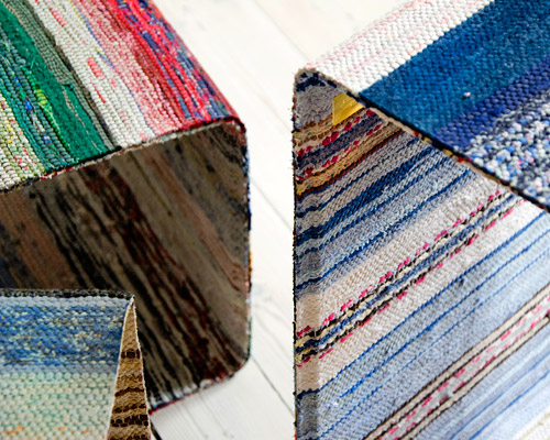 lars hofsjö recycles swedish rag rugs into torp and dunker tables