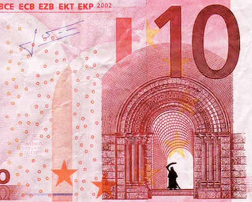 hacked euro banknotes depict economic and social instability