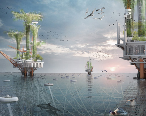 the noah oasis transforms existing oil rigs into vertical bio-habitats