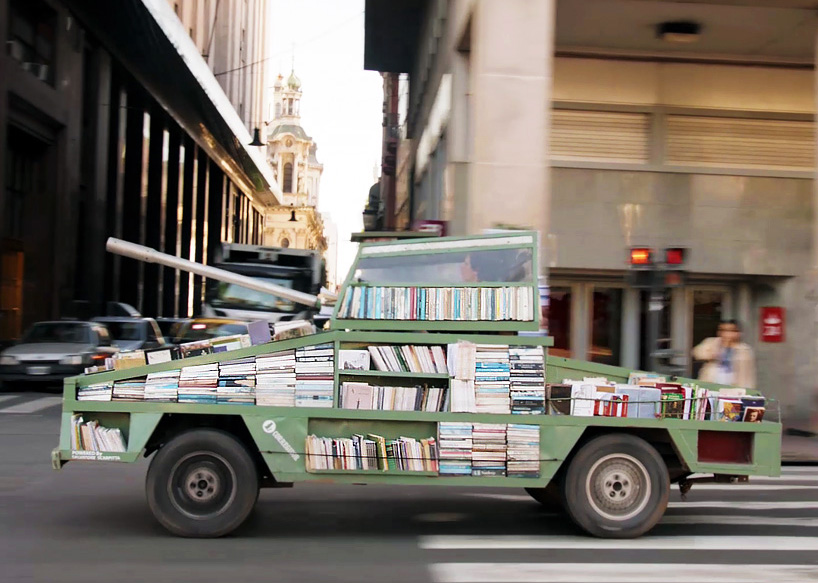 raul lemesoff turns a ford falcon into a tank-shaped traveling library