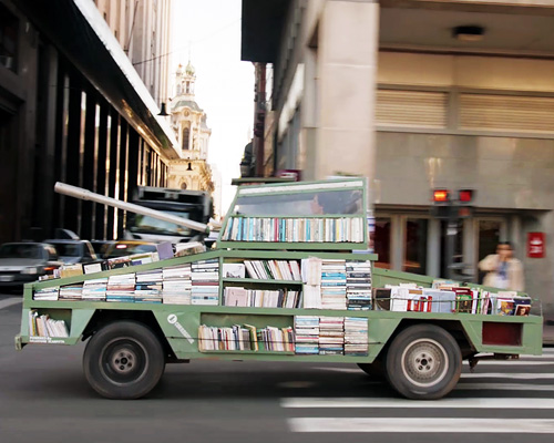 raul lemesoff turns a ford falcon into a tank-shaped traveling library