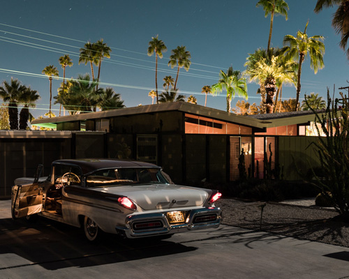 shadowy streetscapes of palm springs' modernist architecture by moonlight
