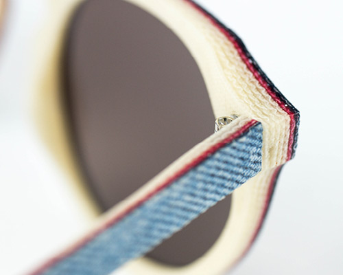 mosevic layers denim and resin to create solid denim sunglasses