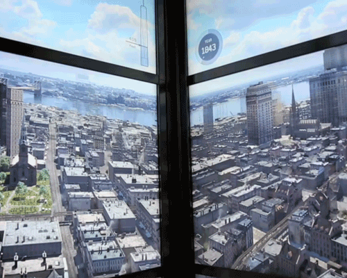 WTC elevator projects the evolution of NYC skyline on panoramic screens