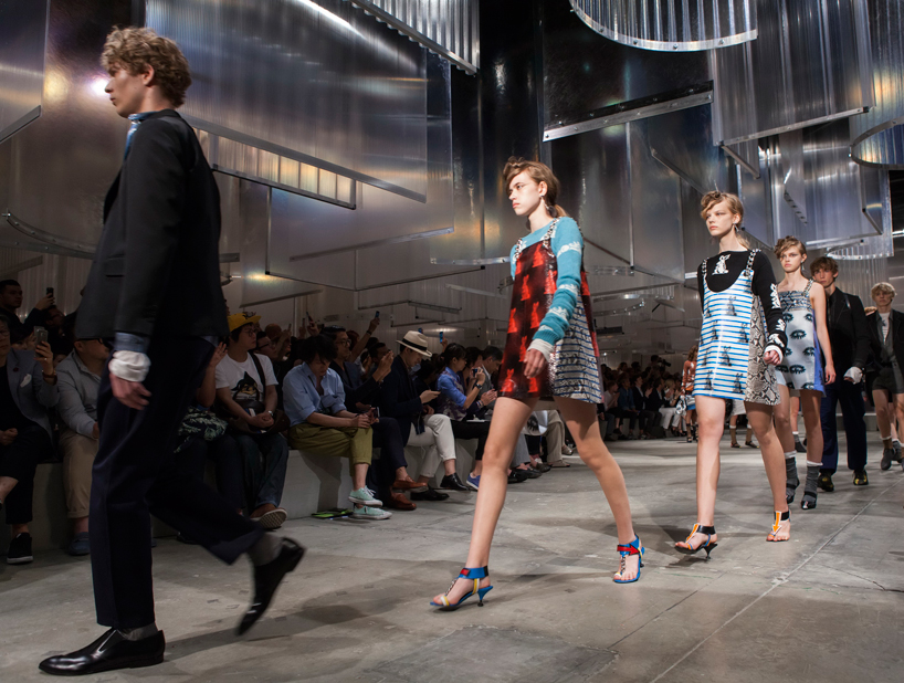 AMO's installs sloping mesh catwalks for Prada fashion show