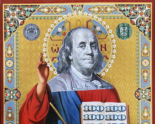 saint franklin series collages money, materialism and morality