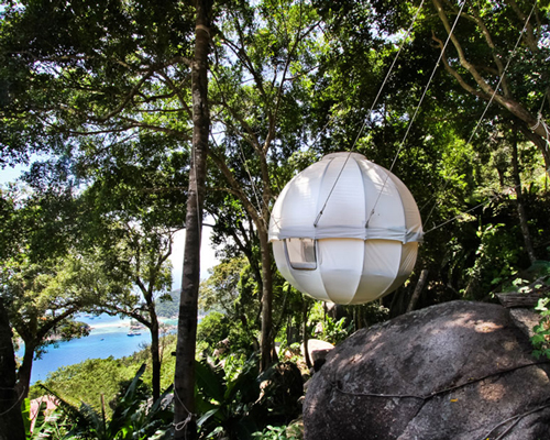 spherical cocoon can be hung from trees or adapted to any location
