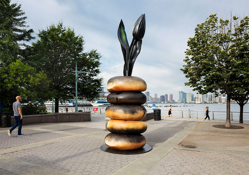 hanna liden sets sculptural bagel totems around new york city