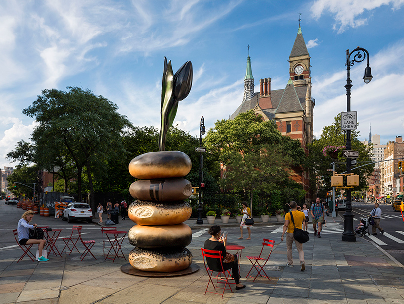 hanna liden sets sculptural bagel totems around new york city