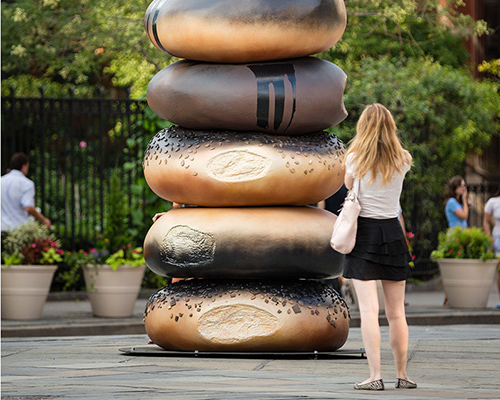 hanna liden sets sculptural bagel totems around new york city