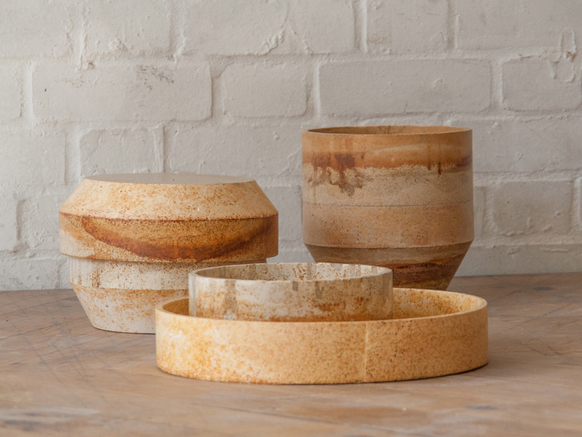 ariane prin mixes metal dust with plaster + eco-resin to form rust homeware