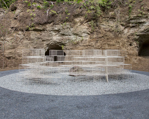 kengo kuma spirals mesh cages for mushizuka insect mound in japan